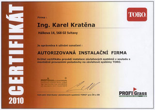 Certifikát výhradního distributora značky Toro